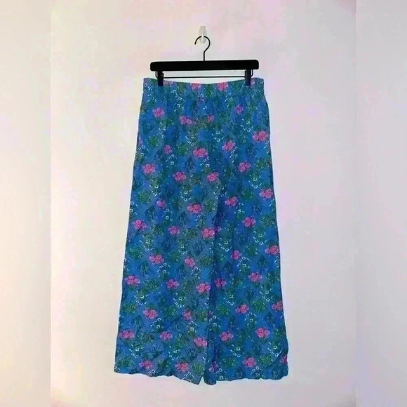 LOFT Wide Leg Linen Pull on Pant, Bouquet Floral Blue Print Excellent Condition - Picture 5 of 6